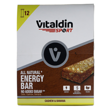 Load image into Gallery viewer, Box of Vitaldin Sport all-natural energy bars cashew and banana flavour

