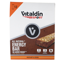Load image into Gallery viewer, Box of Vitaldin Sport all-natural energy bars hazelnut and cocoa flavour
