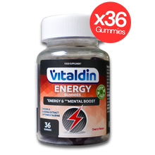 Load image into Gallery viewer, Vitaldin Energy Gummies bottle with ginseng, caffeine and B vitamins for mental and physical energy.
