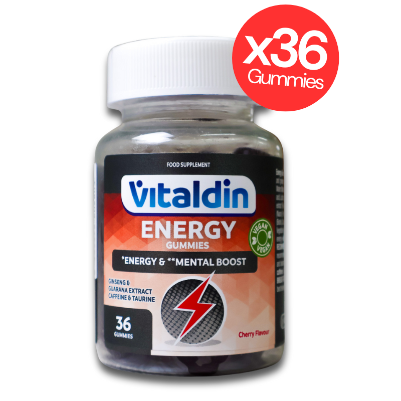 Vitaldin Energy Gummies bottle with ginseng, caffeine and B vitamins for mental and physical energy.