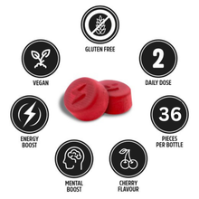 Load image into Gallery viewer, Icons showing benefits of Vitaldin Energy Gummies: energy and mental boost, vegan, gluten free, cherry flavour, 70 units.
