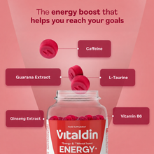 Load image into Gallery viewer, Vitaldin Energy Gummies infographic with caffeine, guarana extract, L-taurine, ginseng extract and vitamin B6

