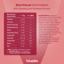 Load image into Gallery viewer, Nutritional information label for Vitaldin Energy Gummies listing caffeine, L-taurine, ginseng, guarana extract, vitamins, and complete ingredients.
