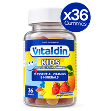 Load image into Gallery viewer, Vitaldin Kids Multivitamin gummies bottle containing 36 gummies with 11 essential vitamins and minerals in strawberry, orange, and lemon flavors.
