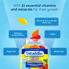Load image into Gallery viewer, Product infographic for Vitaldin Kids Multivitamin Gummies showcasing 11 essential vitamins and minerals including Vitamin A, D, E, C, B6, B12, Biotin, and Zinc, highlighting sugar-free, vegan, gluten-free, and fruity flavor attributes.
