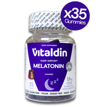 Load image into Gallery viewer, Vitaldin Melatonin Sleep Gummies bottle with 1mg melatonin and vitamin B6, blackberry flavor, 35-count vegan supplement.
