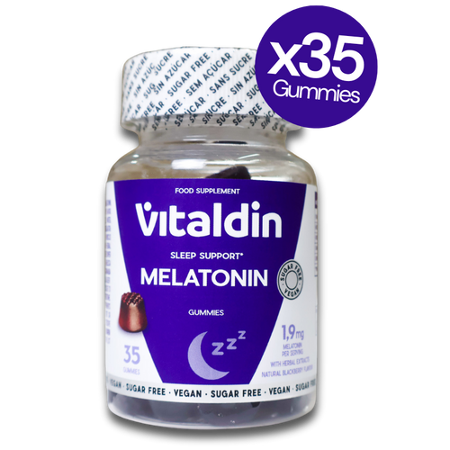 Vitaldin Melatonin Sleep Gummies bottle with 1mg melatonin and vitamin B6, blackberry flavor, 35-count vegan supplement.