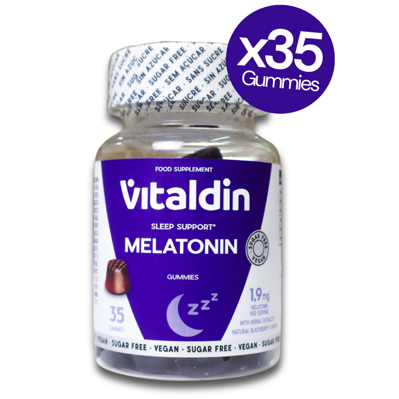 Vitaldin Melatonin Sleep Gummies bottle with 1mg melatonin and vitamin B6, blackberry flavor, 35-count vegan supplement.
