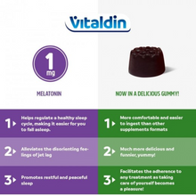 Load image into Gallery viewer, Infographic explaining how Vitaldin Melatonin Gummies support sleep, reduce jet lag, and are easier to take than traditional supplements.
