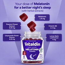 Load image into Gallery viewer, Infographic of Vitaldin Melatonin Sleep Support gummies showing active ingredients, including 1.9 mg melatonin, vitamin B6, and herbal extracts of passion flower, chamomile, and lemon balm.
