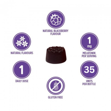 Load image into Gallery viewer, Icons showing key features of Vitaldin Melatonin Gummies: 1mg melatonin, gluten-free, natural flavors, 70 units, 1 daily dose.
