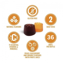 Load image into Gallery viewer, Icons showing benefits of Vitaldin Multivitamin Gummies: gluten free, 11 vitamins, 2 daily doses, fruit flavours, 70 units per bottle.
