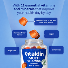 Load image into Gallery viewer, Product infographic for Vitaldin Multivitamin Gummies for Kids &amp; Adults highlighting 11 essential vitamins and minerals including Vitamin A, D, E, C, B6, B12, Folic Acid, and Biotin, featuring sugar-free, gluten-free, vegan, and delicious fruity flavour badges.
