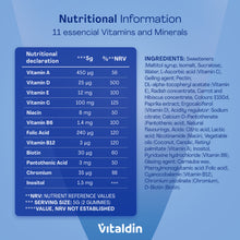 Load image into Gallery viewer, Nutritional information panel for Vitaldin Multivitamin Gummies detailing 11 essential vitamins and minerals, including Vitamin A, D, E, C, B-complex, Chromium, and full ingredient list.
