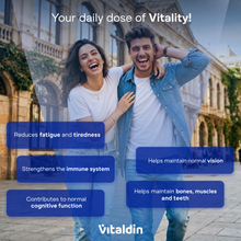 Load image into Gallery viewer, A happy couple walking outdoors alongside benefit highlights for Vitaldin Multivitamin gummies, including reduced fatigue, immune support, cognitive function, vision maintenance, and support for bones, muscles, and teeth.
