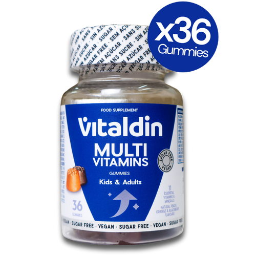 Vitaldin Multivitamin Gummies bottle for children and adults, 36-count with 11 essential vitamins and minerals.