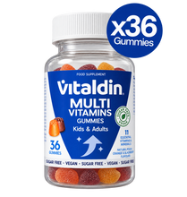 Load image into Gallery viewer, Vitaldin sugar-free multivitamin gummies for kids and adults containing 36 vegan gummies with 11 essential vitamins and minerals.
