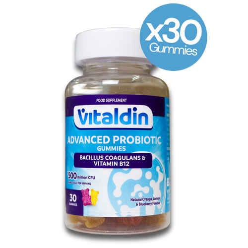 Vitaldin Advanced Probiotic Gummies with Bacillus Caogulans & Vitamin B12 bottle with a label indicating 36 gummies per bottle on a white background. 
