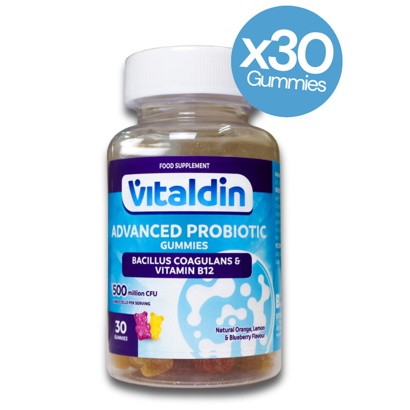Vitaldin Advanced Probiotic Gummies with Bacillus Caogulans & Vitamin B12 bottle with a label indicating 36 gummies per bottle on a white background. 