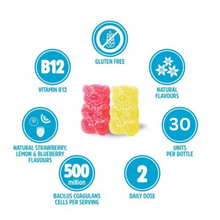 Load image into Gallery viewer, Vitaldin Probiotic Gummies with Bacillus Coagulans and vitamin B12, gluten free, fruit flavoured, 30units per bottle.

