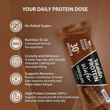Load image into Gallery viewer, Infographic for Vitaldin Chocolate Protein Wafer listing key benefits: no added sugars, convenient format, crunchy wafer with chocolate coating, supports muscle recovery, and 30% protein content for muscle growth.
