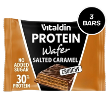 Load image into Gallery viewer, Vitaldin Protein Wafer Salted Caramel bar packaging, 30% protein, no added sugar, 3 bars pack.
