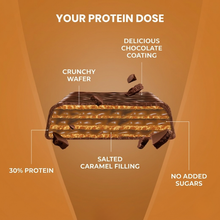 Load image into Gallery viewer, Cross-section of Vitaldin Salted Caramel Protein Wafer showing layers of crunchy wafer, salted caramel filling, and chocolate coating.
