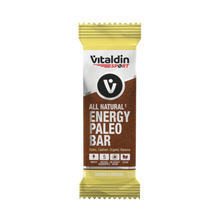 Load image into Gallery viewer, A Vitaldin Sport All Natural Energy Paleo Bar in cashew and banana flavor. The wrapper is pale yellow, silver, and brown, featuring icons for energy and vegan diet. It lists five natural ingredients: dates, cashew, and organic banana.

