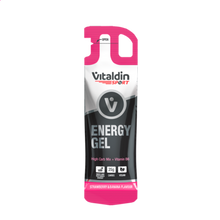 Load image into Gallery viewer, A single-serving slim pouch of Vitaldin Sport Energy Gel in Strawberry and Banana flavour. The packaging is black, white, and pink, highlighting a high carb mix with Vitamin B6 and indicating it is a vegan-friendly product.
