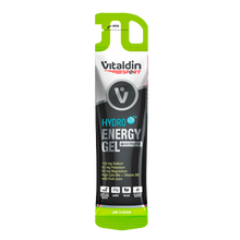 Load image into Gallery viewer, A single-serving slim pouch of Vitaldin Sport Hydro Energy Gel in Lime Flavour. The black and green packaging highlights the inclusion of electrolytes (sodium, potassium, and magnesium) and Vitamin B6.
