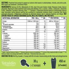 Load image into Gallery viewer, Detailed nutritional information and ingredient list for Vitaldin Sport lime-flavored isotonic drink, including electrolyte and amino acid profile.
