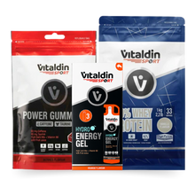 Load image into Gallery viewer, Gift-ready Power Bundle featuring Vitaldin Sport Berries Power Gummies, Hydro Energy Gel Orange Flavour, and Whey Protein tubs in a premium gift box designed for active lifestyles.
