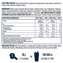 Load image into Gallery viewer, Nutritional information table and ingredient list for Vitaldin Sport strawberry whey protein, including amino acid profile and preparation directions.
