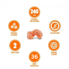 Load image into Gallery viewer, Icons showing key benefits of Vitaldin Vitamin C Gummies: gluten-free, natural orange flavor, 240mg vitamin C, 2 daily gummies.
