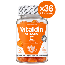 Load image into Gallery viewer, Transparent bottle of 36 Vitaldin sugar-free and vegan Vitamin C gummies with high potency 240mg natural orange flavor.
