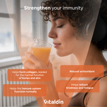 Load image into Gallery viewer, A woman drinking orange juice alongside health benefit callouts for Vitaldin Vitamin C Gummies, highlighting collagen formation for bones and skin, immune system support, natural antioxidant properties, and fatigue reduction.
