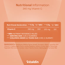 Load image into Gallery viewer, Nutritional information panel for Vitaldin Vitamin C Gummies showing 240 mg Vitamin C per adult serving (2 gummies), children's dosage under 11 years, and full ingredient list.
