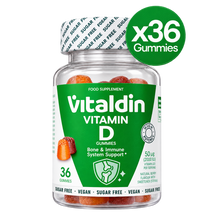 Load image into Gallery viewer, Bottle of 36 Vitaldin sugar-free and vegan Vitamin D gummies providing bone and immune support in natural berry flavor.
