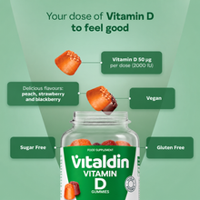Load image into Gallery viewer, Product infographic for Vitaldin Vitamin D Gummies highlighting 50 µg (2000 IU) Vitamin D per dose, vegan, gluten-free, sugar-free, and peach, strawberry, and blackberry flavours.
