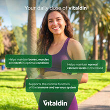 Load image into Gallery viewer, A smiling woman outdoors in activewear alongside health benefit callouts for Vitaldin Vitamin D Gummies, highlighting support for bones, muscles, teeth, blood calcium levels, and immune and nervous system function.
