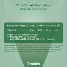 Load image into Gallery viewer, Nutritional information panel for Vitaldin Vitamin D Gummies showing 50 µg (2000 IU) Vitamin D per adult serving, dosing instructions, and full ingredient breakdown.
