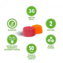 Load image into Gallery viewer,  Icons showing features of Vitaldin Vitamin D3 Gummies including natural flavours, gluten free, and daily bone and immune support.
