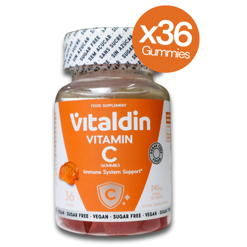  Vitaldin Vitamin C Gummies bottle, 36-count, with 240mg of vitamin C per serving and natural orange flavour.
