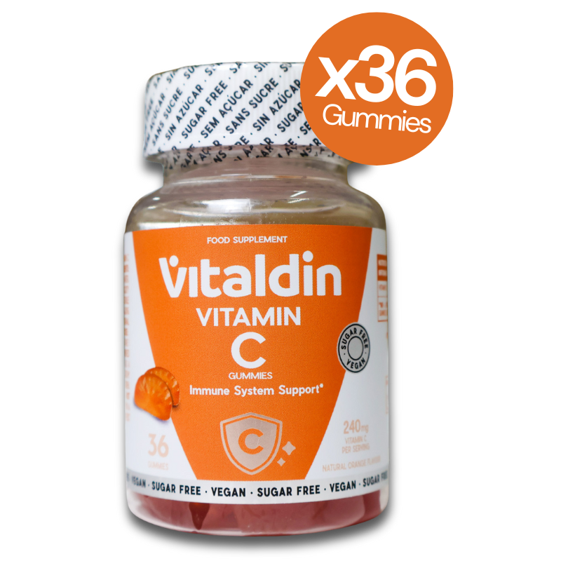  Vitaldin Vitamin C Gummies bottle, 36-count, with 240mg of vitamin C per serving and natural orange flavour.