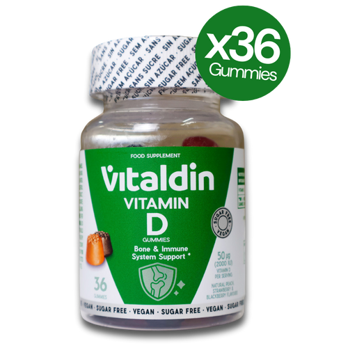 Vitaldin Vitamin D3 Gummies bottle with fruity flavour and 36-count formula for immune and bone support.