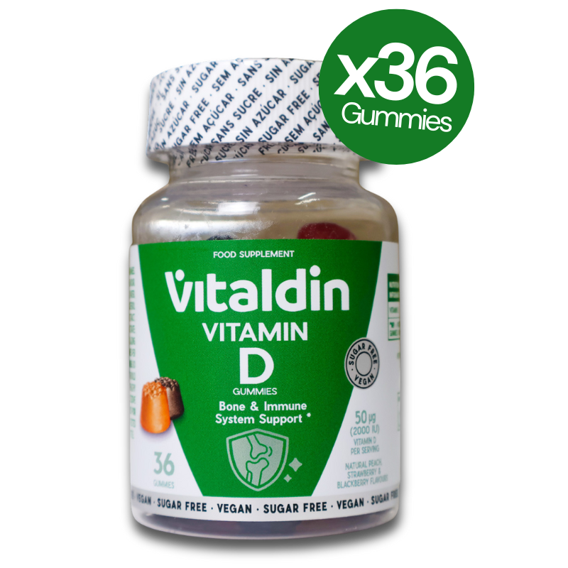 Vitaldin Vitamin D3 Gummies bottle with fruity flavour and 36-count formula for immune and bone support.