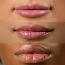 Load image into Gallery viewer, Three close-up images showing glossy pink lip balm finishes on different skin tones, illustrating the appearance of WICKED x Dr. PAWPAW lip balms.
