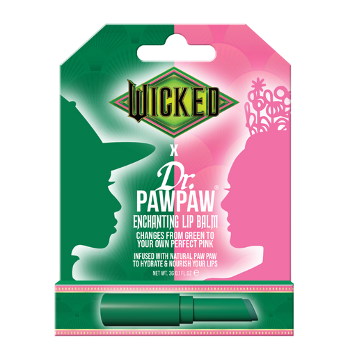 Wicked x Dr. Pawpaw lip balm packaging with green and pink design.