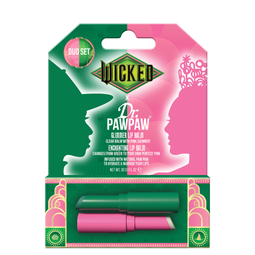 WICKED x Dr.PAWPAW Enchanting & Glimmer Lip Balm Duo in themed packaging with character silhouettes.