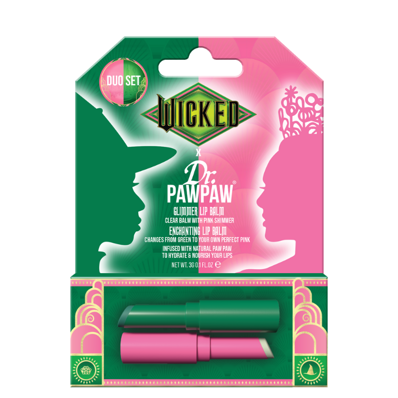 WICKED x Dr.PAWPAW Enchanting & Glimmer Lip Balm Duo in themed packaging with character silhouettes.